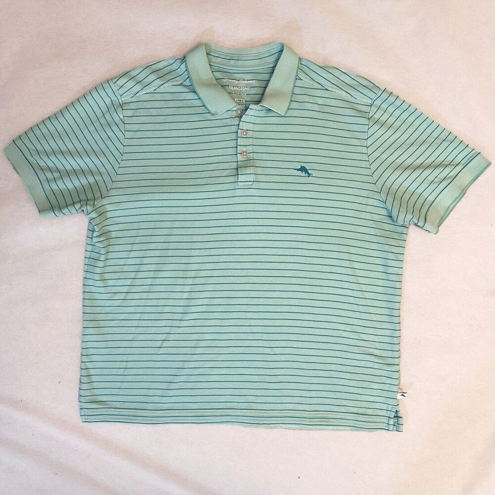 Tommy Bahama IslandZone Supima Polo Shirt Mens XL Teal Striped Marlin Logo